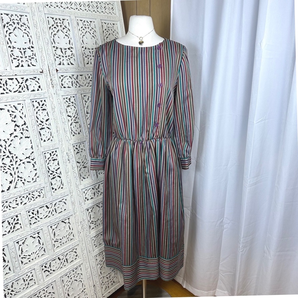 Vintage Retro‎ Colorful Striped Long Sleeve Button Dress Sz Large